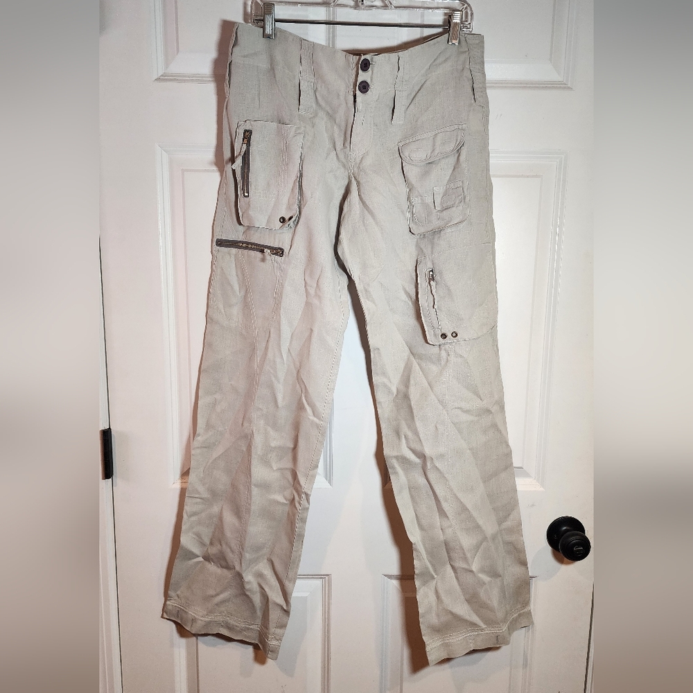 Pete & Greta Johnny Was Linen Beige Cargo Pants with Multiple Pockets Sz 8